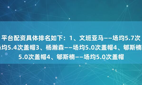 平台配资具体排名如下：1、文班亚马——场均5.7次盖帽2、周琦——场均5.4次盖帽3、杨瀚森——场均5.0次盖帽4、郇斯楠——场均5.0次盖帽